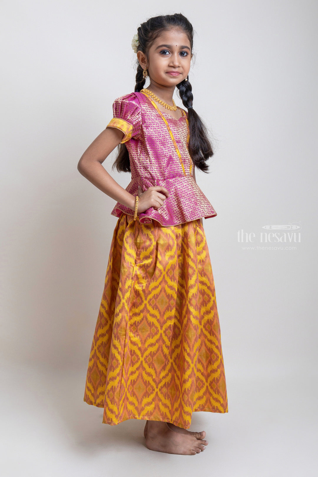 The Nesavu Pattu Pavadai Gorgeous Pink Floral Designed Silk Blouse With Woven Ikat Design Ziz-Zag Pattu Pavadai For Girls Nesavu 16 (1Y) / Yellow / Jute Silk GPP253B-16 Traditional Wear For Girls | Latest Pattu Pavadai | The Nesavu