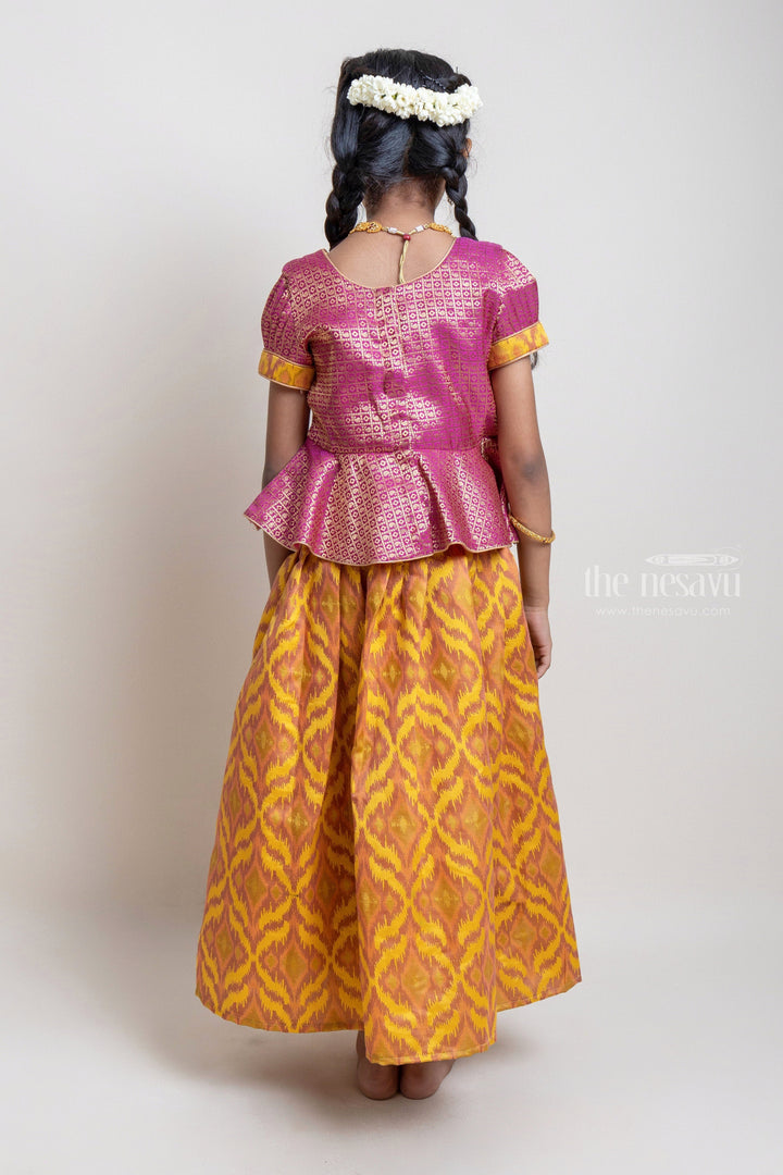 The Nesavu Pattu Pavadai Gorgeous Pink Floral Designed Silk Blouse With Woven Ikat Design Ziz-Zag Pattu Pavadai For Girls Nesavu Traditional Wear For Girls | Latest Pattu Pavadai | The Nesavu