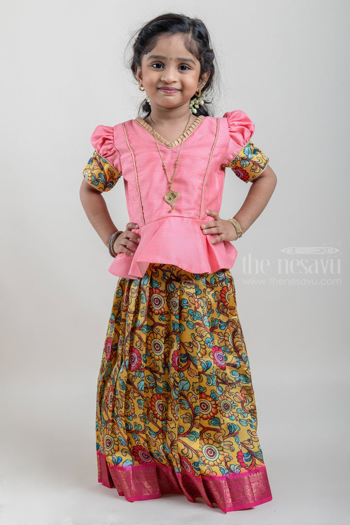 The Nesavu Pattu Pavadai Gorgeous Salmon Pink and Yellow Silk Pattu Pavadai for Girls with Floral Cuffs and Banarasi Border Nesavu 16 (1Y) / Salmon / Small Border GPP269B-16 Salmon Pink and Yellow Silk Pattu Pavadai for Girls at The Nesavu | Traditional Indian Outfit