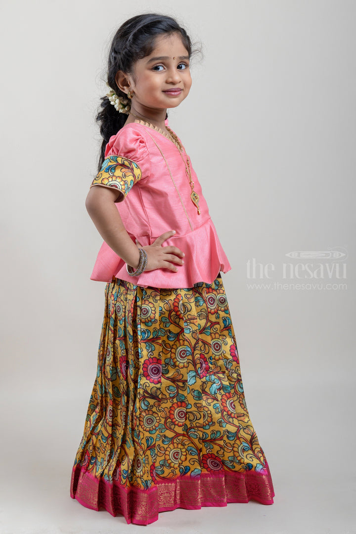 The Nesavu Pattu Pavadai Gorgeous Salmon Pink and Yellow Silk Pattu Pavadai for Girls with Floral Cuffs and Banarasi Border Nesavu Salmon Pink and Yellow Silk Pattu Pavadai for Girls at The Nesavu | Traditional Indian Outfit