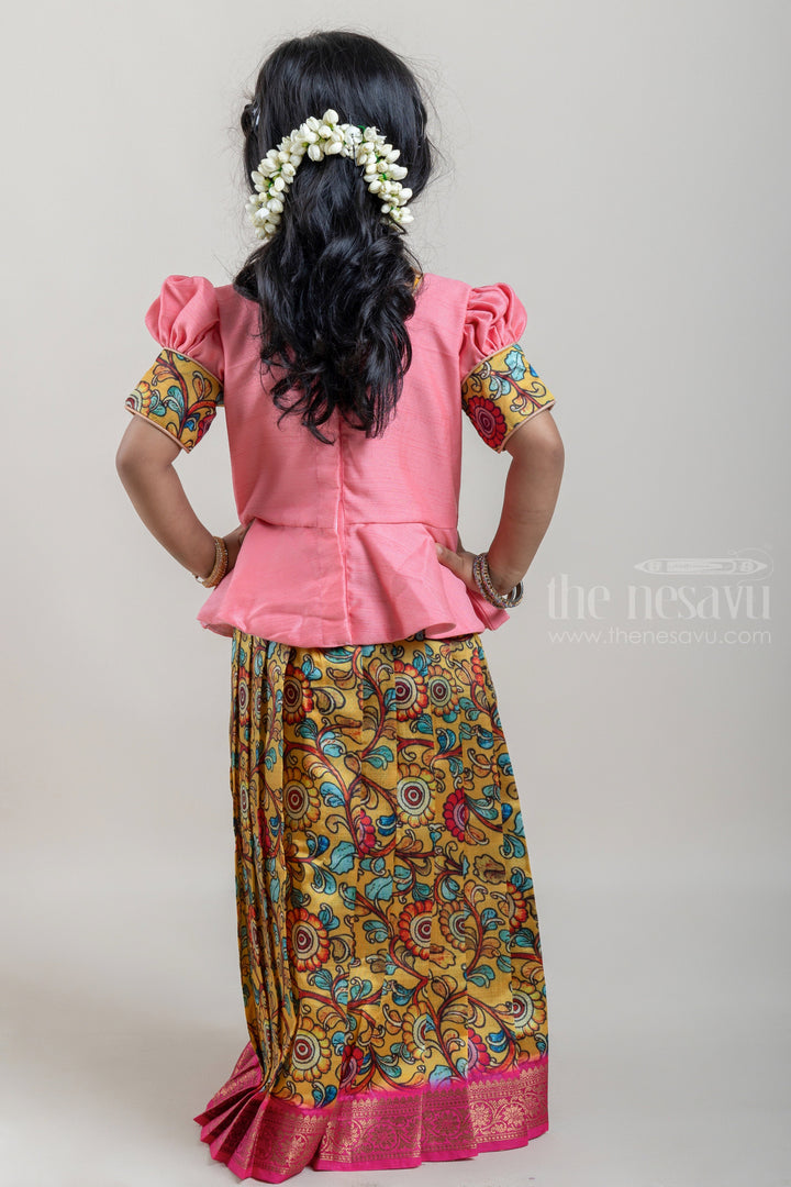 The Nesavu Pattu Pavadai Gorgeous Salmon Pink and Yellow Silk Pattu Pavadai for Girls with Floral Cuffs and Banarasi Border Nesavu Salmon Pink and Yellow Silk Pattu Pavadai for Girls at The Nesavu | Traditional Indian Outfit