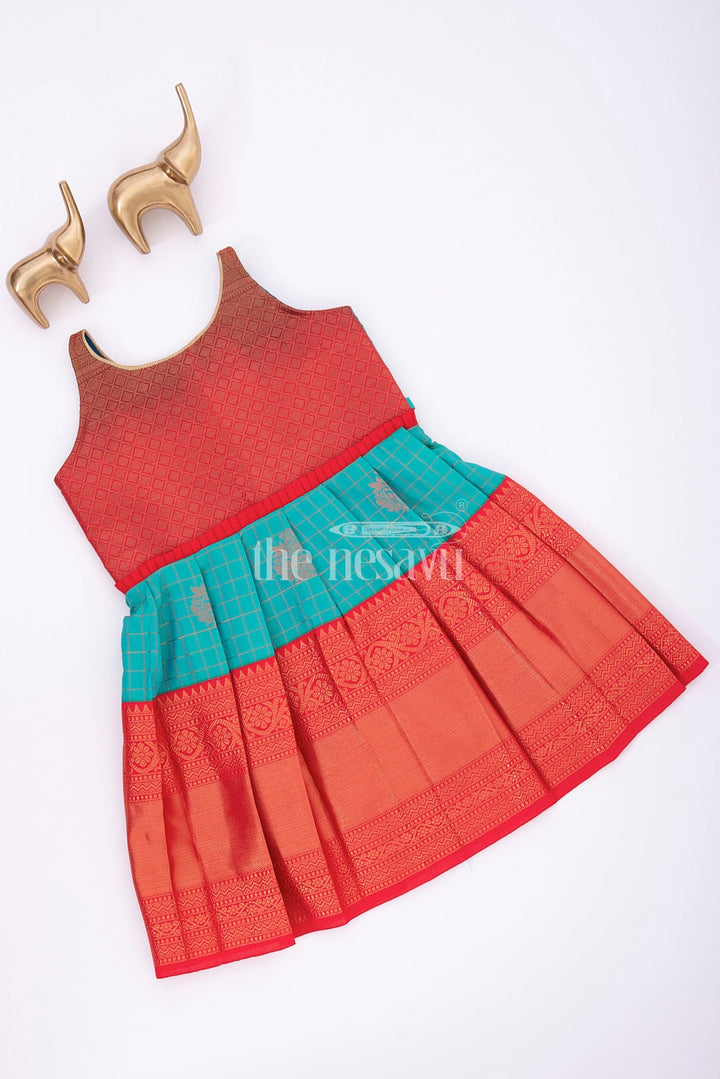 The Nesavu Girls Kanchi Silk Frock Graceful Beginnings: Red and Blue Pure Silk Frock for Girls Nesavu Graceful Beginnings: Red and Blue Pure Silk Frock for Girls - Heirloom Piece