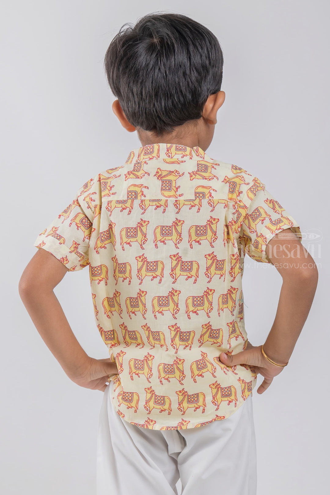 The Nesavu Boys Cotton Shirt Graceful Boys' Ethnic Shirt featuring Pichwai Cow Print | Nesavu | Pay Homage to Art and Culture psr silks Nesavu