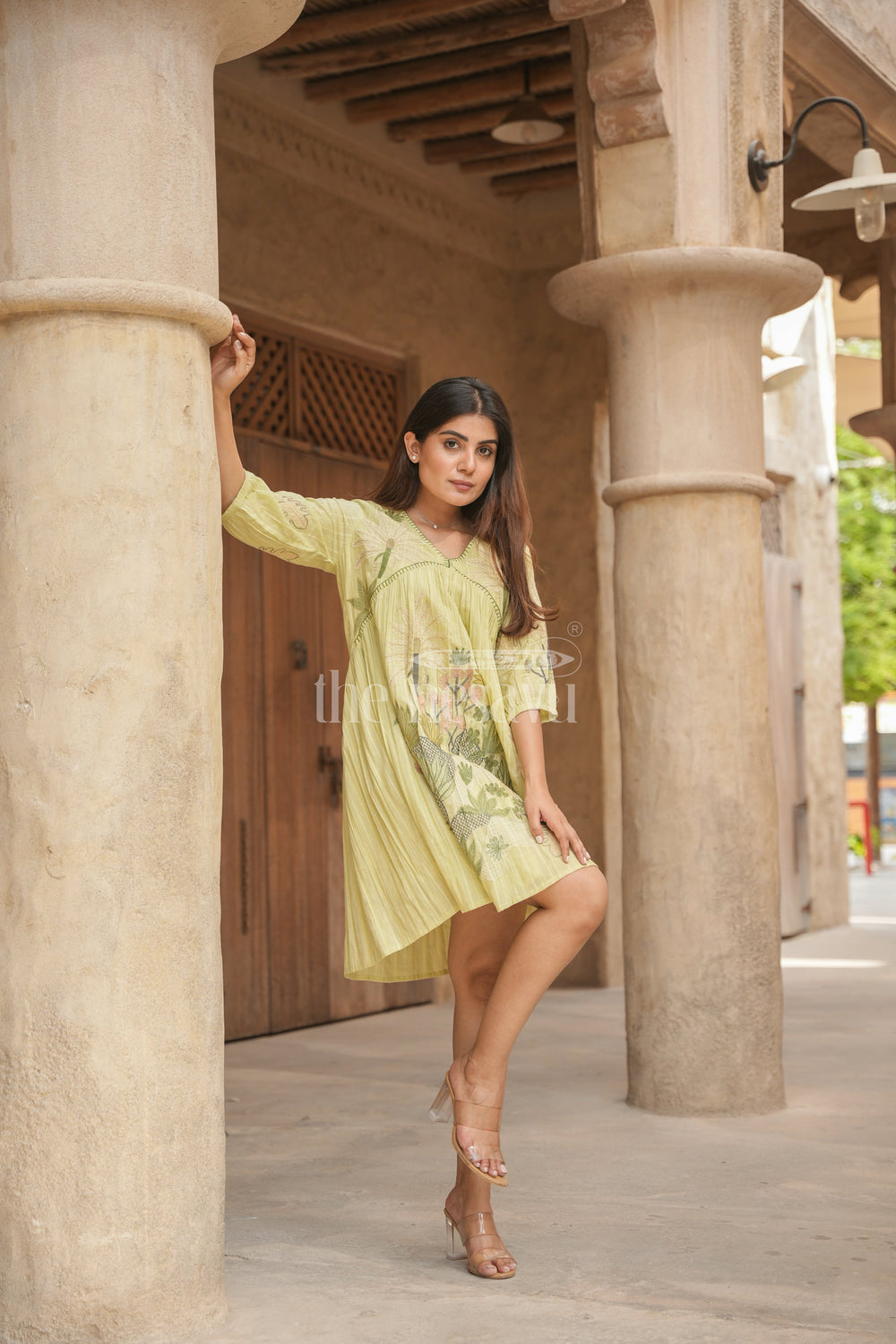 The Nesavu Womens Flared Kurthas Graceful Women’s Chiffon Flared Kurtha with Subtle Floral Embroidery Nesavu Nesavu Womens Green Chiffon Flared Kurtha Floral Embroidery Festive Occasions