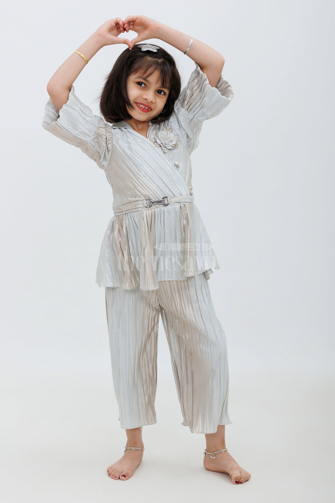 The Nesavu Girls Sharara / Plazo Set Gray Shimmer Pleated IndoWestern Sharara Set for Girls Nesavu 24 (5Y) / Gray GPS382A-24 Gray Shimmer Pleated Indo-Western Sharara Set for Girls - Nesavu