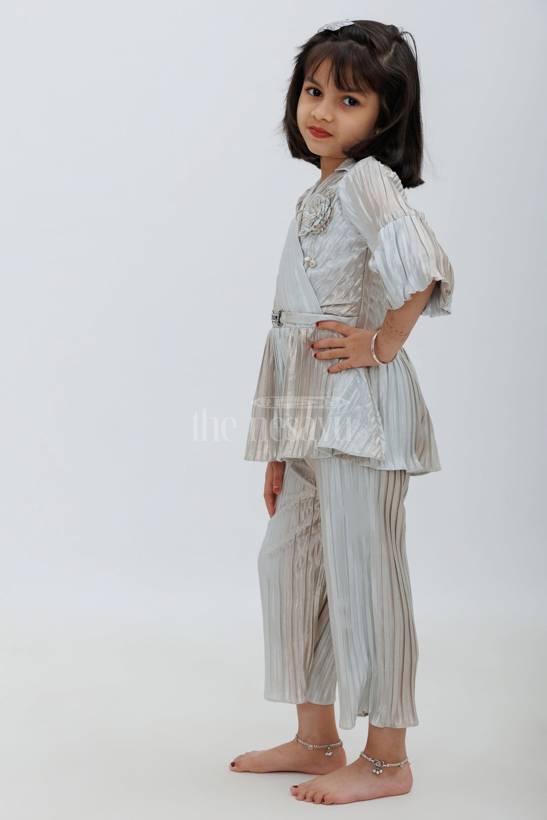 The Nesavu Girls Sharara / Plazo Set Gray Shimmer Pleated IndoWestern Sharara Set for Girls Nesavu Gray Shimmer Pleated Indo-Western Sharara Set for Girls - Nesavu