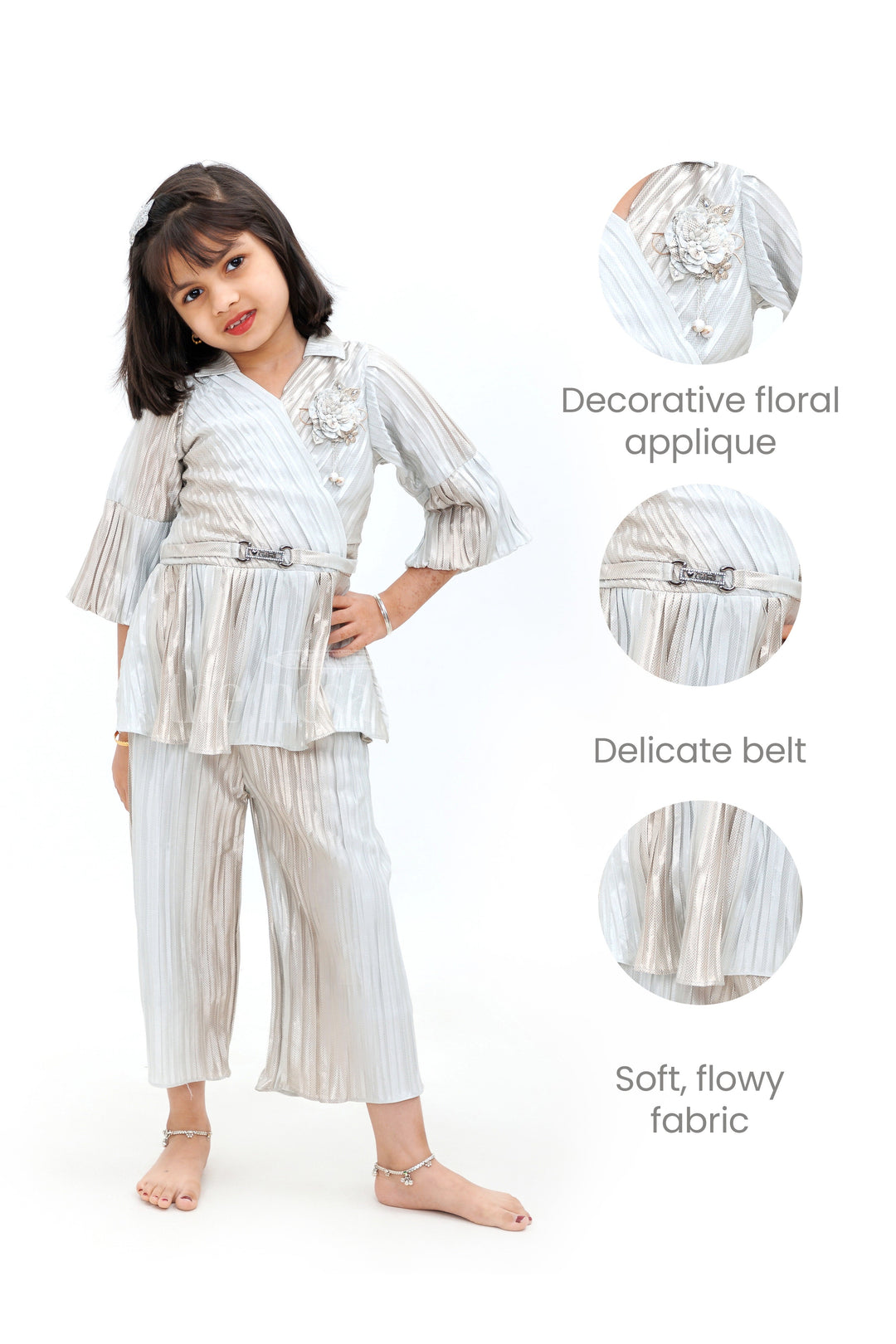 The Nesavu Girls Sharara / Plazo Set Gray Shimmer Pleated IndoWestern Sharara Set for Girls Nesavu Gray Shimmer Pleated Indo-Western Sharara Set for Girls - Nesavu