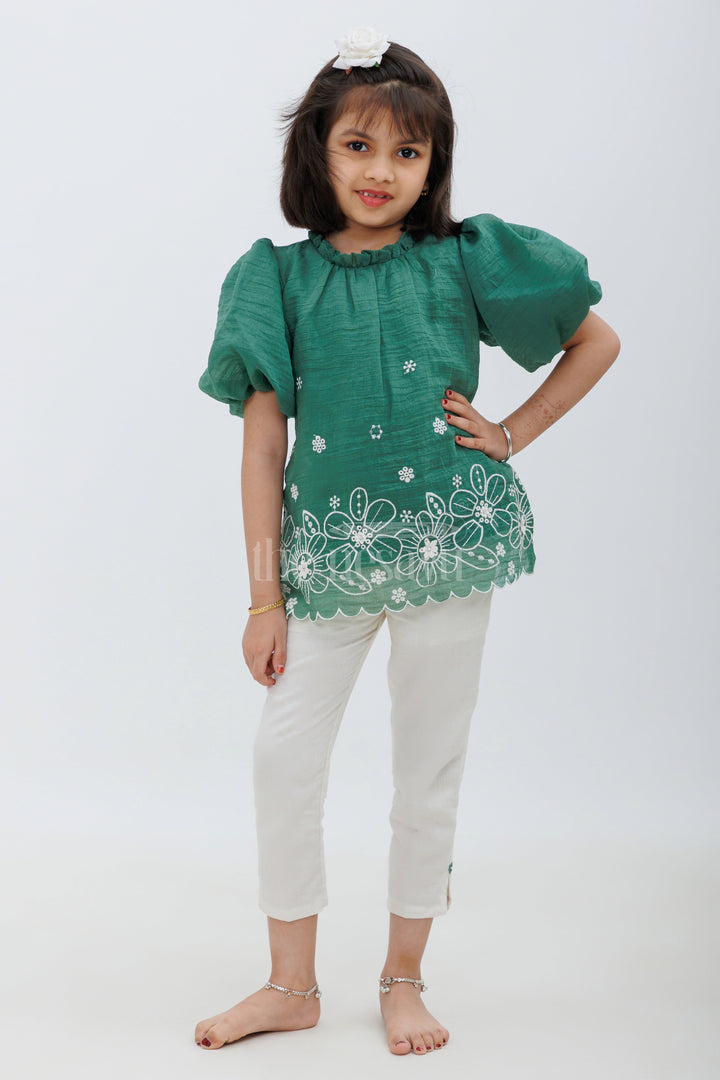 The Nesavu Girls Sharara / Plazo Set Green and Cream Designer Top and Pants Set for Girls Nesavu 18 (2Y) / Green GPS381A-18 Green and Cream Designer Top and Pants Set for Girls - Nesavu