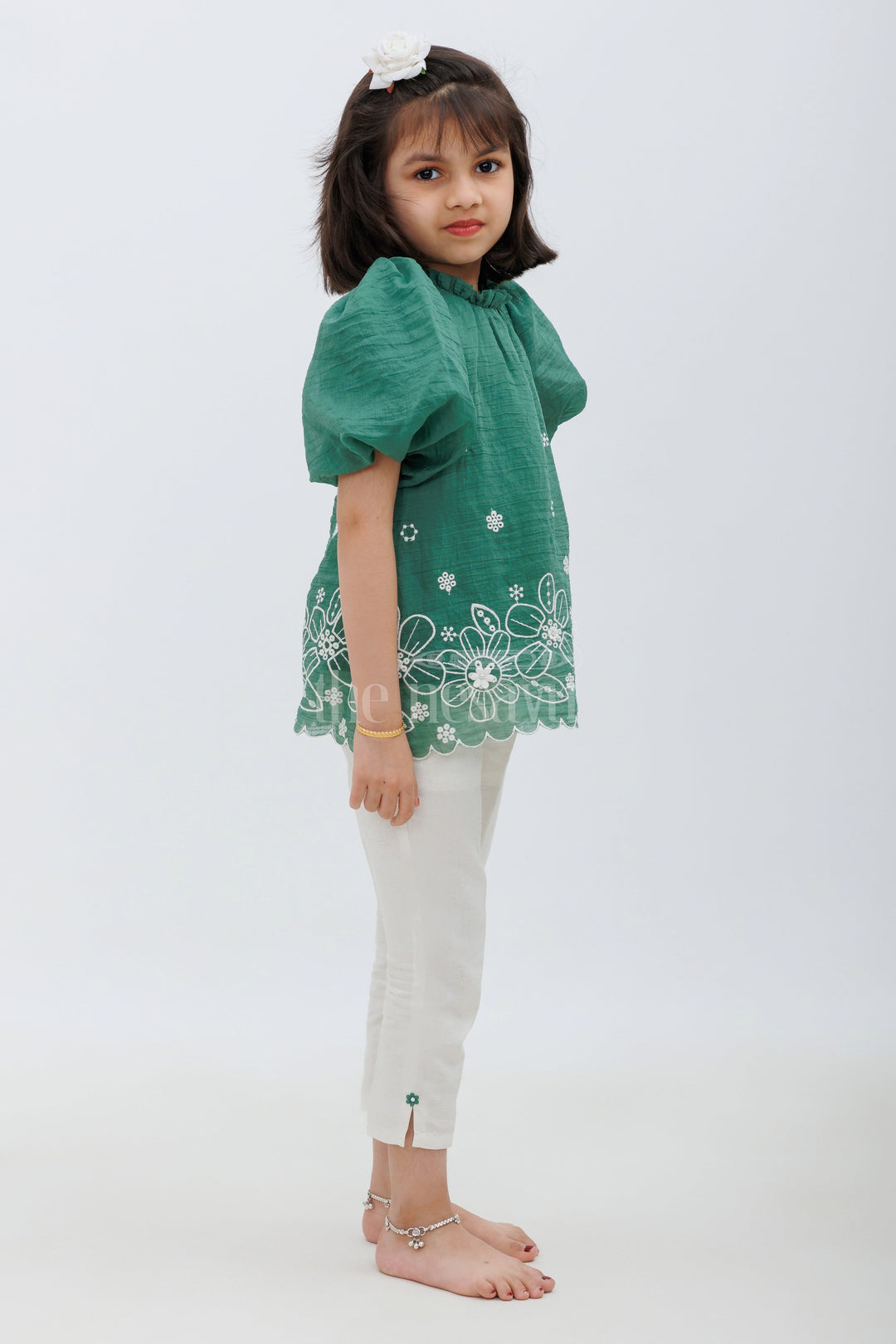 The Nesavu Girls Sharara / Plazo Set Green and Cream Designer Top and Pants Set for Girls Nesavu Green and Cream Designer Top and Pants Set for Girls - Nesavu