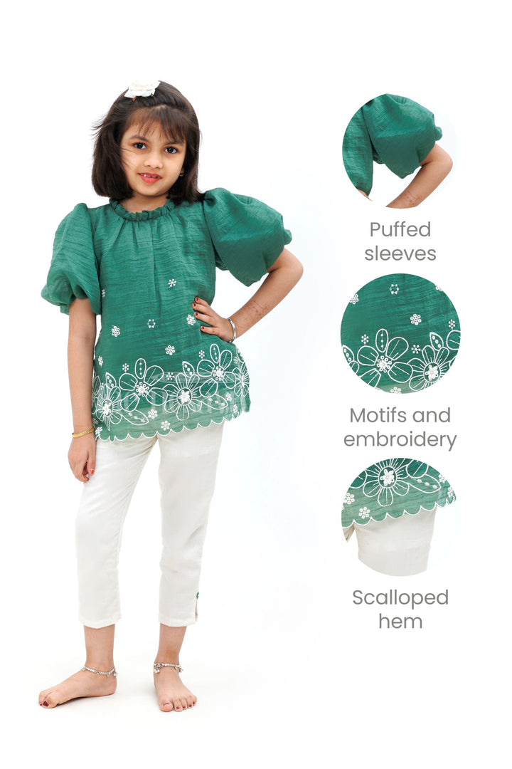 The Nesavu Girls Sharara / Plazo Set Green and Cream Designer Top and Pants Set for Girls Nesavu Green and Cream Designer Top and Pants Set for Girls - Nesavu