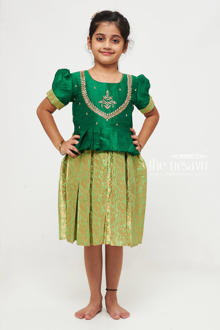 The Nesavu Silk Party Frock Green and Gold Banarasi Semi-Silk Dress for Girls - Perfect for Onam and Navratri Nesavu Green and Gold Banarasi Semi-Silk Dress for Girls - Onam and Navratri