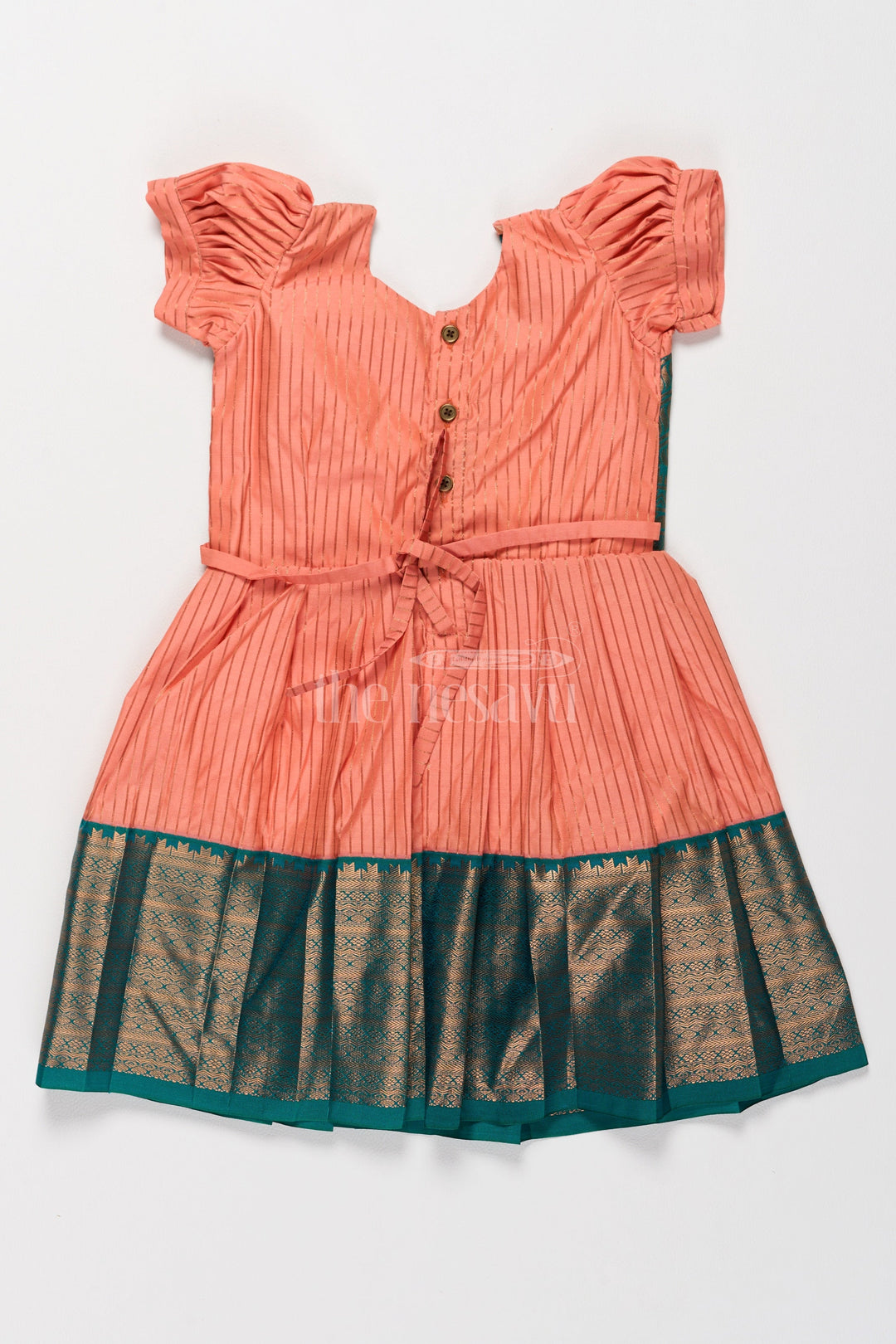 The Nesavu Girls Kanchi Silk Frock Green and Orange Dress for Pongal with Decorative Zari Patterns and Traditional Charm Nesavu Nesavu Girls Green Orange Traditional Dress Pongal Zari Accents