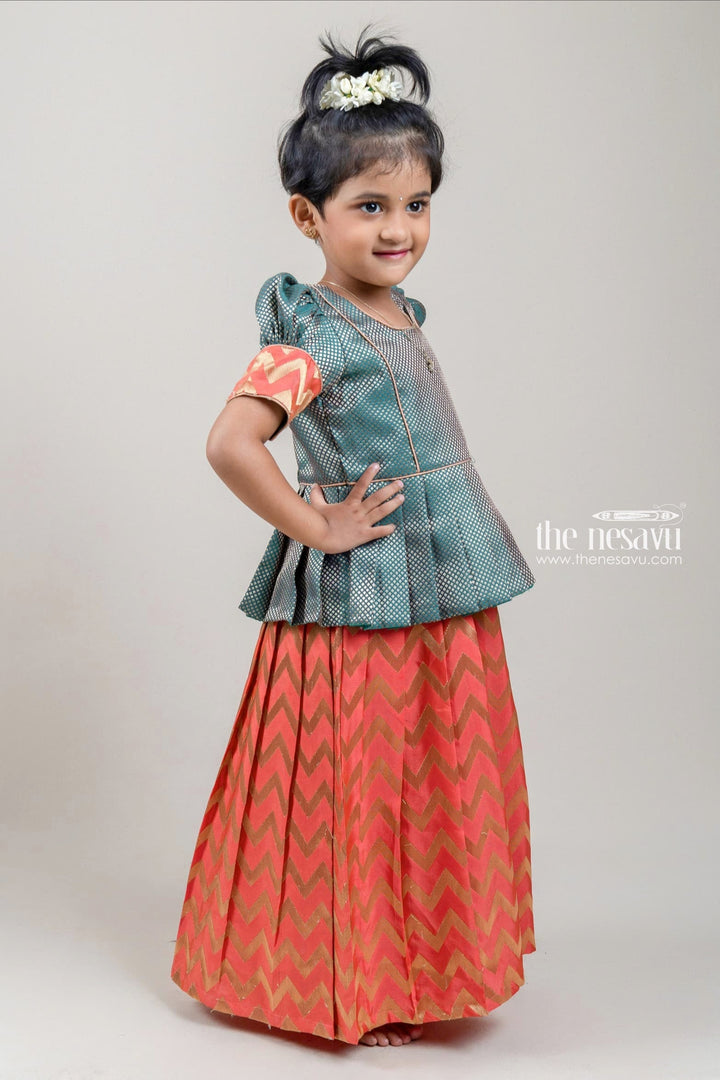 The Nesavu Pattu Pavadai Green Brocade Designer Silk Blouse with salmon Pink Silk Skirt for Girls Nesavu Green Brocade Silk Blouse with Salmon Pink Silk Skirt | Traditional Pattu Pavadai |The Nesavu