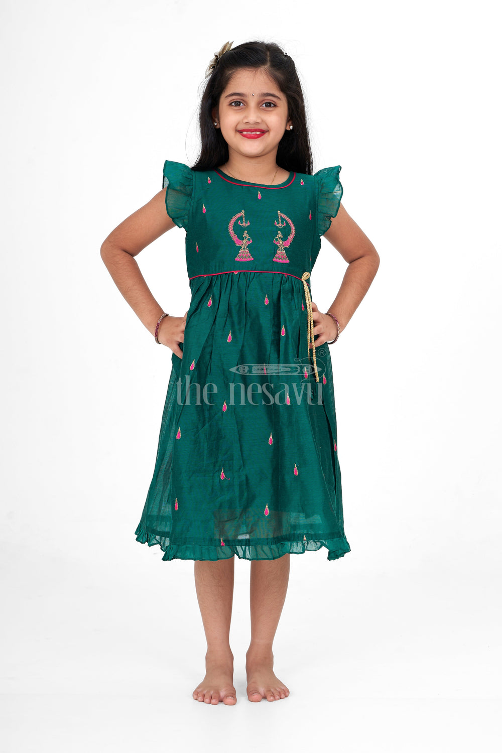 The Nesavu Girls Cotton Frock Green Chanderi Cotton Frock with Earring Embroidery for Girls – Traditional Attire for Festive Occasions Nesavu Green Chanderi Cotton Frock Earring Embroidery Girls Traditional Festive Dress Nesavu