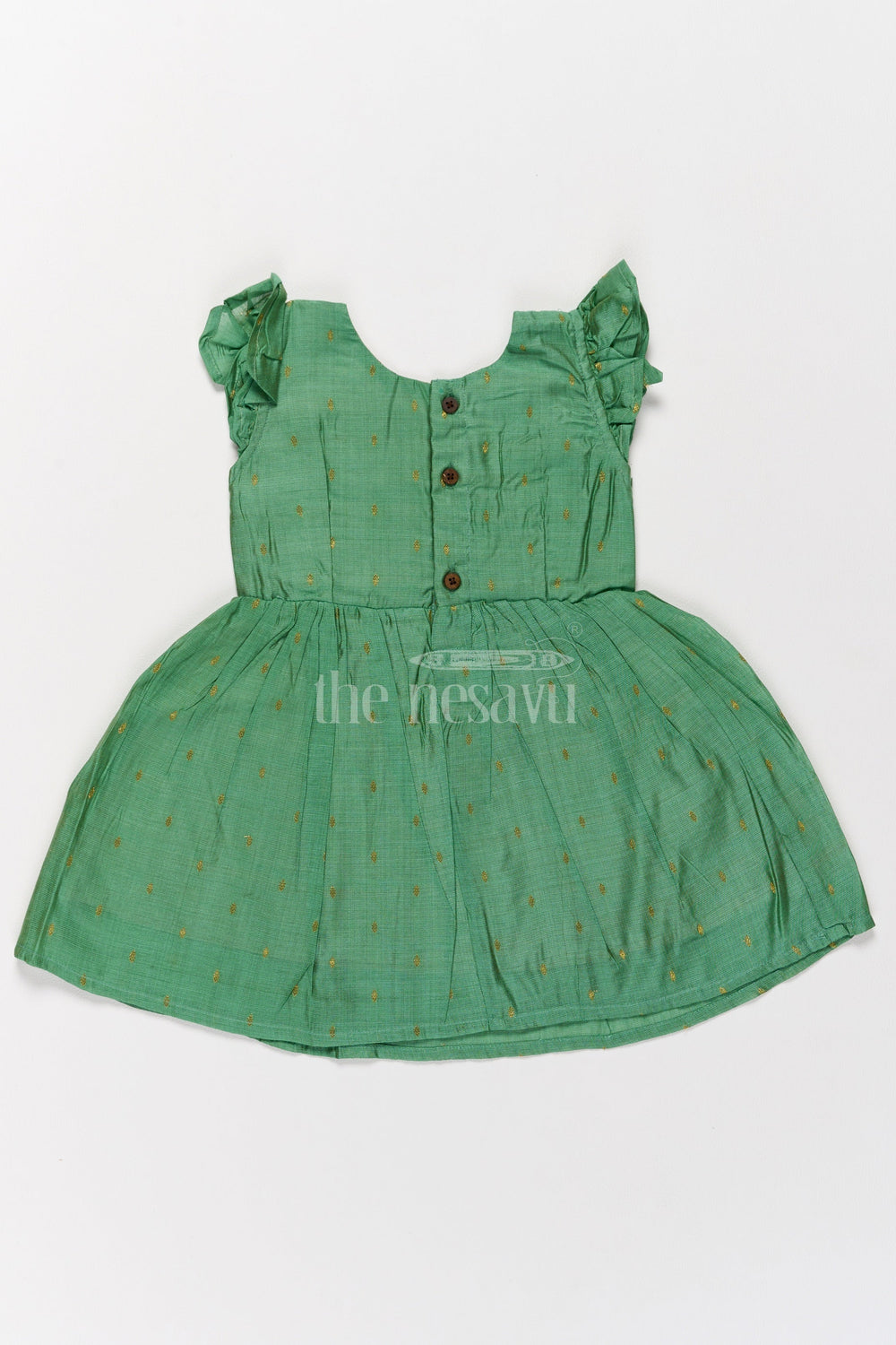 The Nesavu Girls Cotton Frock Green Chanderi Cotton Midi Frock for Girls with Lace Accents Stylish Festive Wear Nesavu Nesavu Green Chanderi Cotton Midi Frock Girls Pleats Lace Details