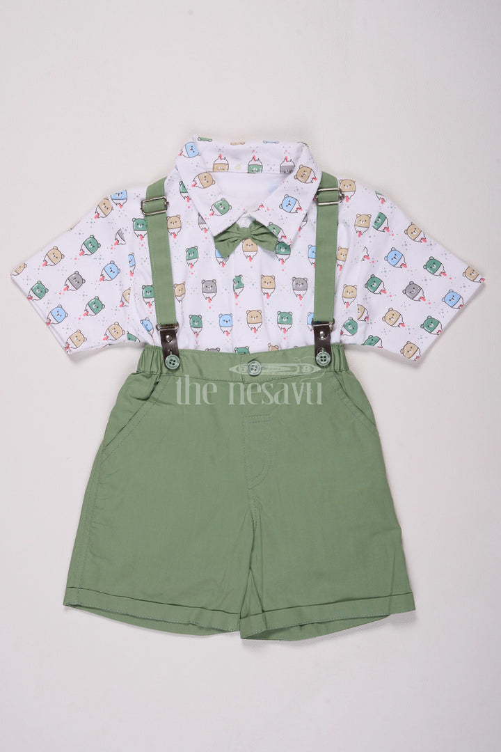 The Nesavu Boys Casual Set Green Cotton Boys Suspender Set with Cartoon Print Shirt Nesavu 12 (3M) / Green BCS094A-12 Green Cotton Boys' Suspender Set with Cartoon Print Shirt - Nesavu