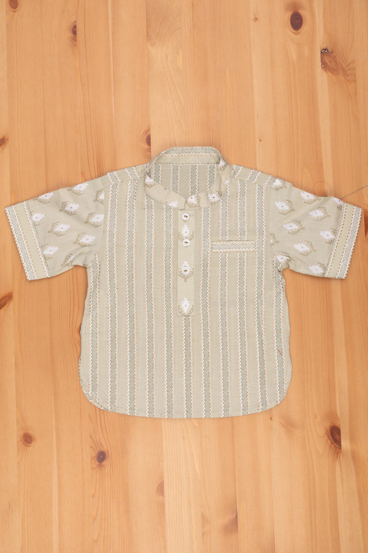 The Nesavu Boys Linen Shirt Green Enigma: Boys Pastel Green Shirt with Ikat Print, Mandarin Collar Nesavu Linen Shirt For Boys | Boys Printed Shirt Online | The Nesavu