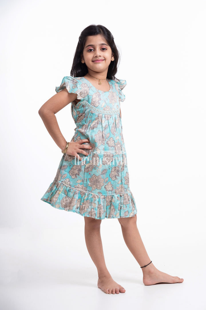 The Nesavu Girls Cotton Frock Green Floral Printed Cotton Frock for Girls Nesavu Green Floral Printed Cotton Frock for Girls - Comfortable & Cute
