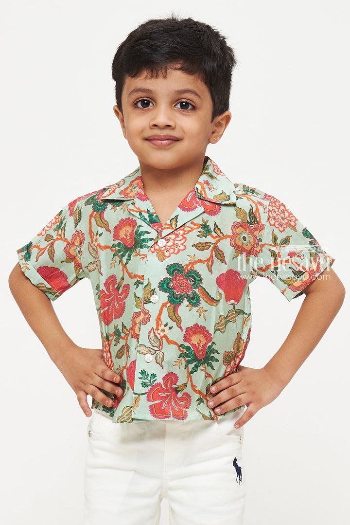 The Nesavu Boys Cotton Shirt Green Mughal Design Floral Shirt - Ideal for Casual and Vacation Wear Nesavu Green Mughal Design Floral Shirt - Casual & Vacation Wear for Kids