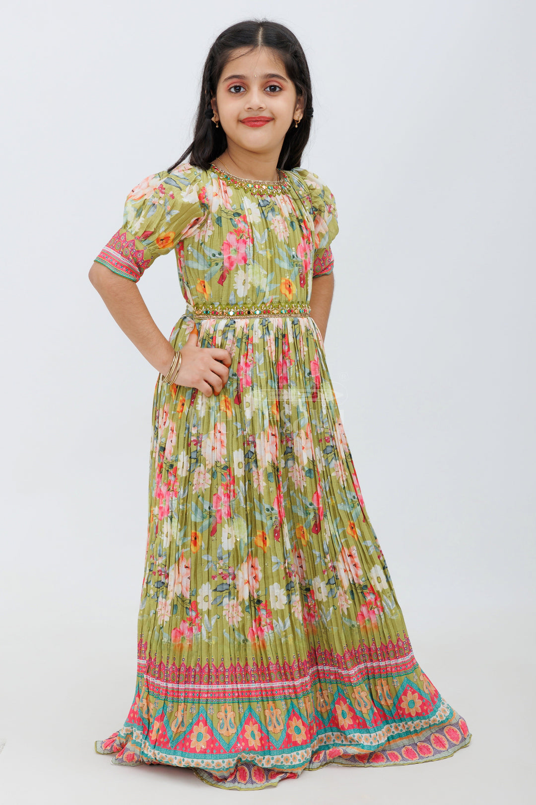 The Nesavu Girls Party Gown Green Parrot Print Chinon Party Gown for Girls Nesavu Green Parrot Print Chinon Party Gown for Girls - Nesavu