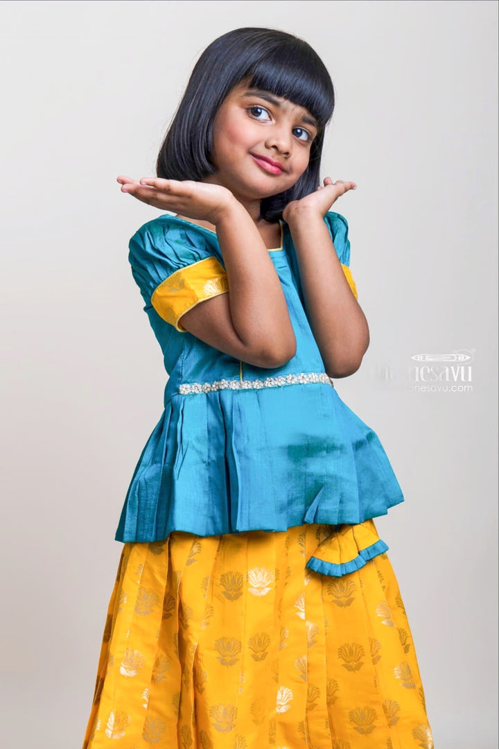 The Nesavu Pattu Pavadai Green Pleated Peplum Blouse And Brocade Printed Yellow Silk Skirt For Girls Nesavu 20 (3Y) / Yellow / Jacquard GPP248A-20 Green And Yellow Pattu Pavadai| Festive Wear Collection 2023| The Nesavu