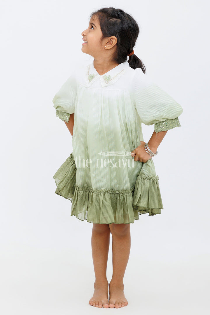 The Nesavu Girls Fancy Frock Green Shaded Polysilk Organza Frock with Lace Detail for Girls Nesavu 16 (1Y) / Green GFC1403B-16 Green Shaded Polysilk Organza Frock with Lace Detail for Girls Nesavu