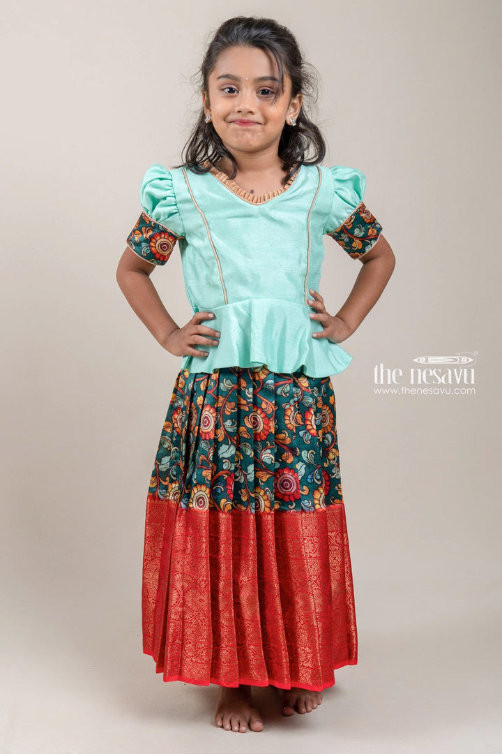 The Nesavu Pattu Pavadai Green Silk Pattu Pavadai with Floral Cuffs and Banarasi Border for Girls Nesavu 14 (6M) / Green / Taffeta Silk GPP270A-14 Green Silk Pattu Pavadai with Floral Cuffs and Banarasi Border for Girls | The Nesavu