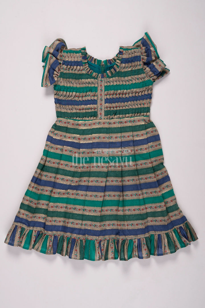 The Nesavu Girls Cotton Frock Green Striped Modal Silk Fancy Frock with Pleated Bodice and Ruffled Hem for Girls Nesavu 16 (1Y) / Green GFC1423A-16 Nesavu Girls Green Striped Modal Silk Frock Ruffled Hem Pleated Bodice