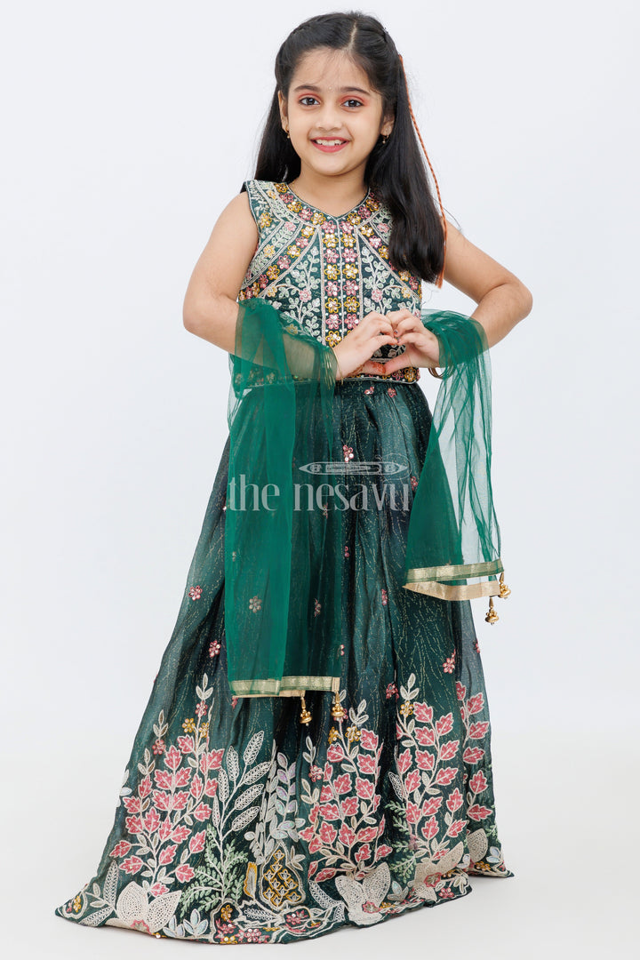 The Nesavu Girls Lehenga Choli Green Viscose Georgette Embroidered Lehenga Choli with Floral Design for Girls Nesavu Green Viscose Georgette Embroidered Lehenga Choli with Floral Design for Girls Nesavu