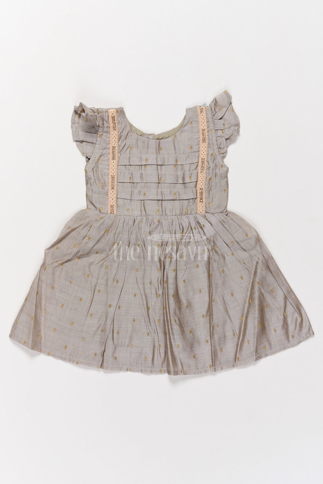 The Nesavu Girls Cotton Frock Grey Chanderi Short Frock for Girls with Ruffle Details Cotton Ki Short Frock Nesavu 16 (1Y) / Gray GFC1476F-16 Nesavu Grey Chanderi Short Frock Girls Pleated Bodice Ruffle Sleeves