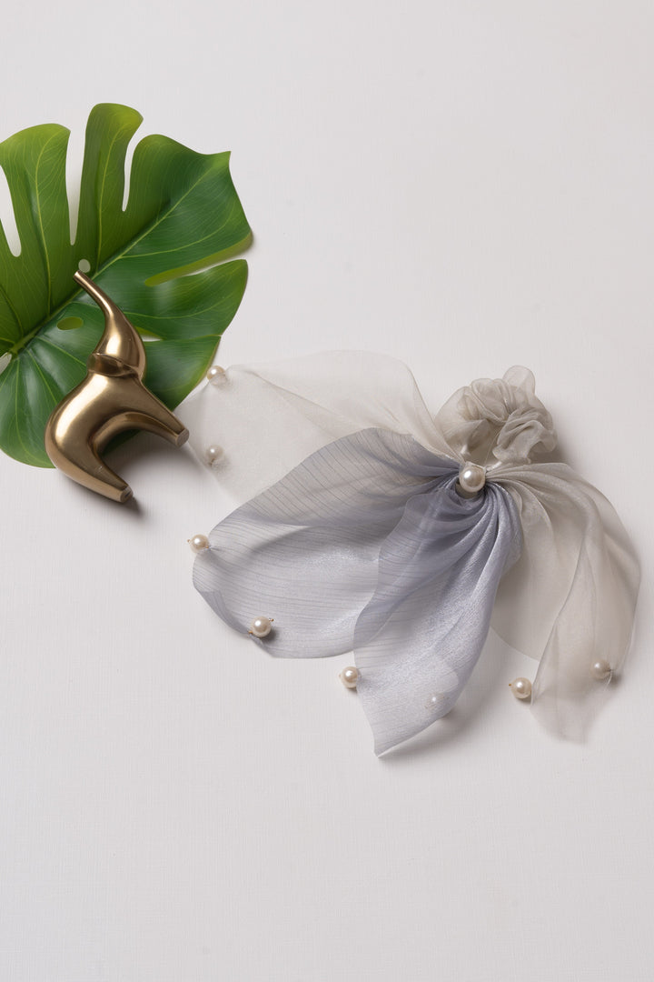 The Nesavu Scrunchies / Rubber Band Grey Sheer Bow Hairband with Elegant Pearls Nesavu Gray JHS25E Grey Pearl Bow Hairband | Chic Accessory | The Nesavu