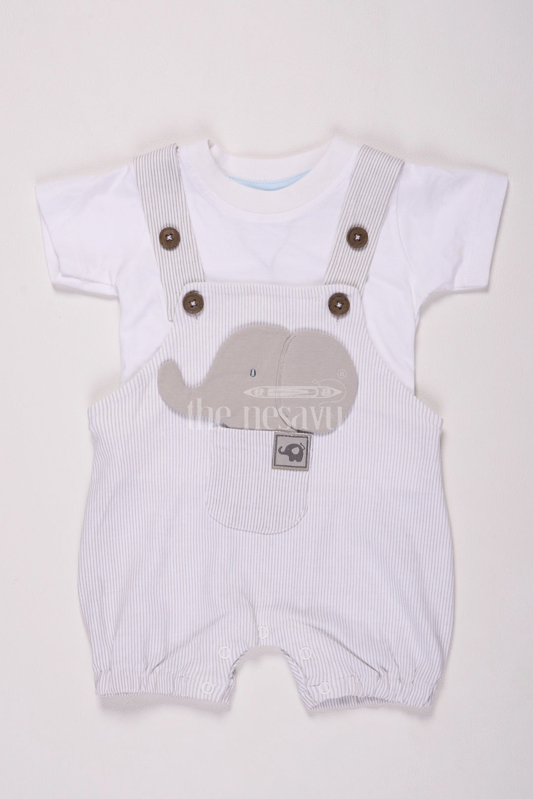 The Nesavu Baby Dungarees Half White Baby Dungaree Set with Gray Striped Overalls and Elephant Design for Boys Nesavu 12 (3M) / Half white BCS145A-12 Half White Baby Dungaree Set Gray Striped Overalls Elephant Patch Boys