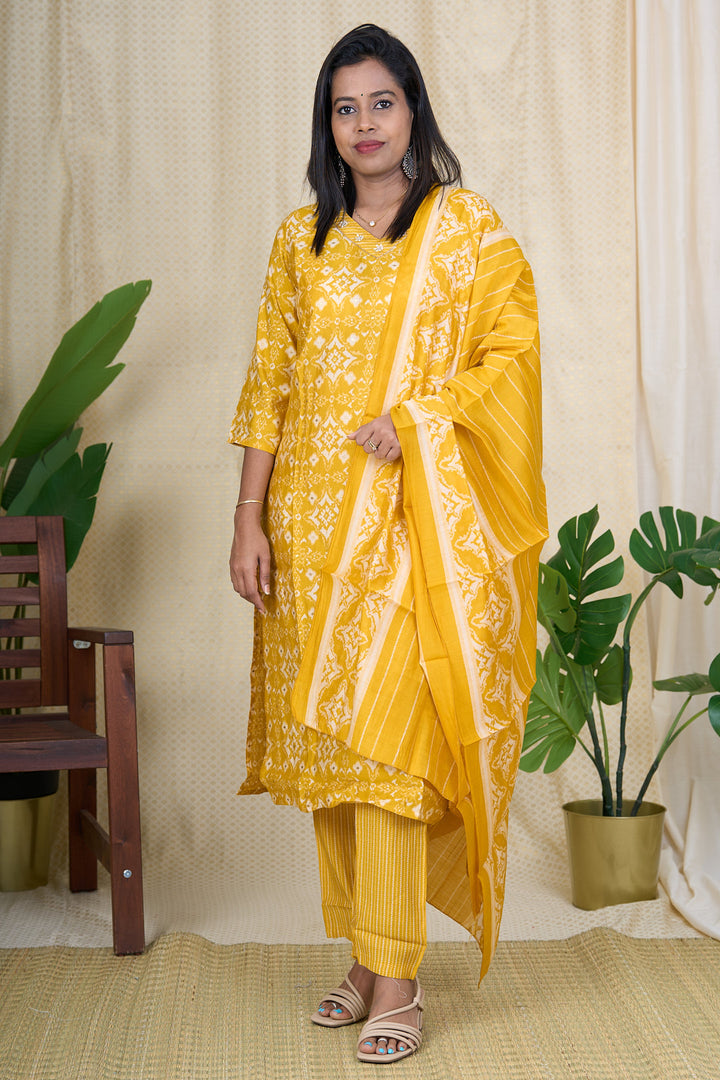 The Nesavu Womens Straight Suit Sets Hand-Embroidered Viscose Silk Kurta Set with Muslin Silk Dupatta Nesavu 38 (M) / Yellow / Muslin Silk WTH008A-38 Viscose Silk Kurta Set for Women | Hand-Embroidered Suit with Muslin Silk Dupatta