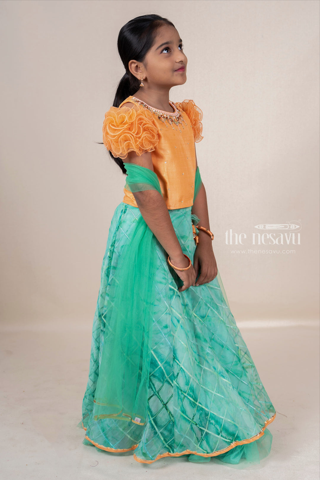 The Nesavu Girls Lehenga Choli Hand Embroidery Orange With Green Soft Net Lehenga For Baby Girls Nesavu Stylish Ethnic Dresses For Baby Girls | Party Wear Choli Ideas 2022 | The Nesavu