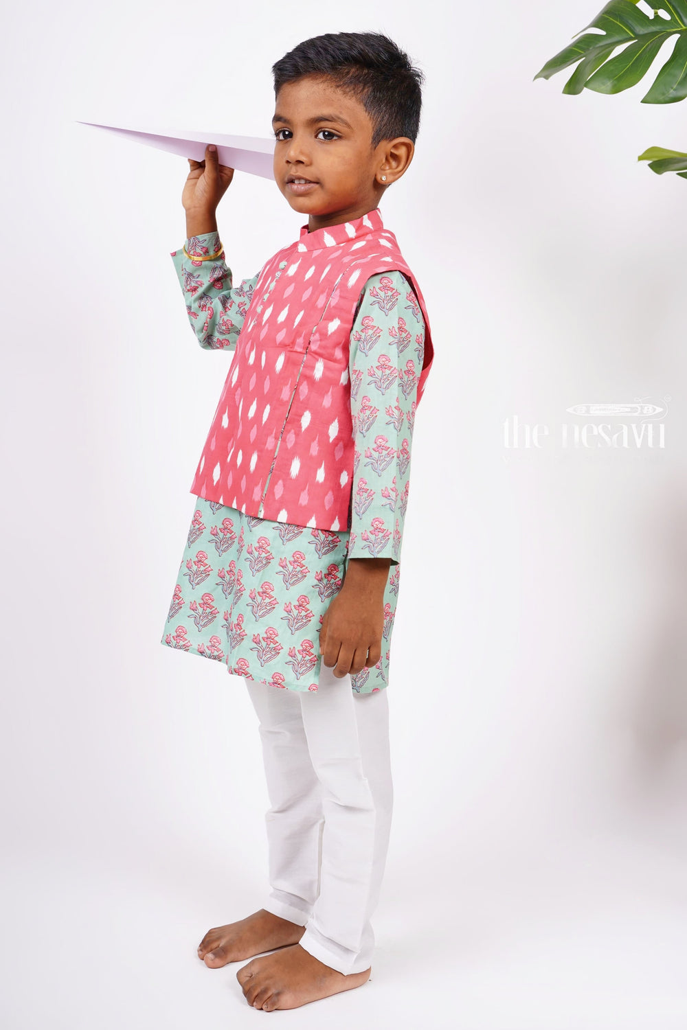 The Nesavu Boys Jacket Sets Handblock Floral Boys Kurta Bandi Set in Ikkat N Mugal Print Nesavu Shop Kurta Dresses For Boys | Party Wear Kurta Online | The Nesavu