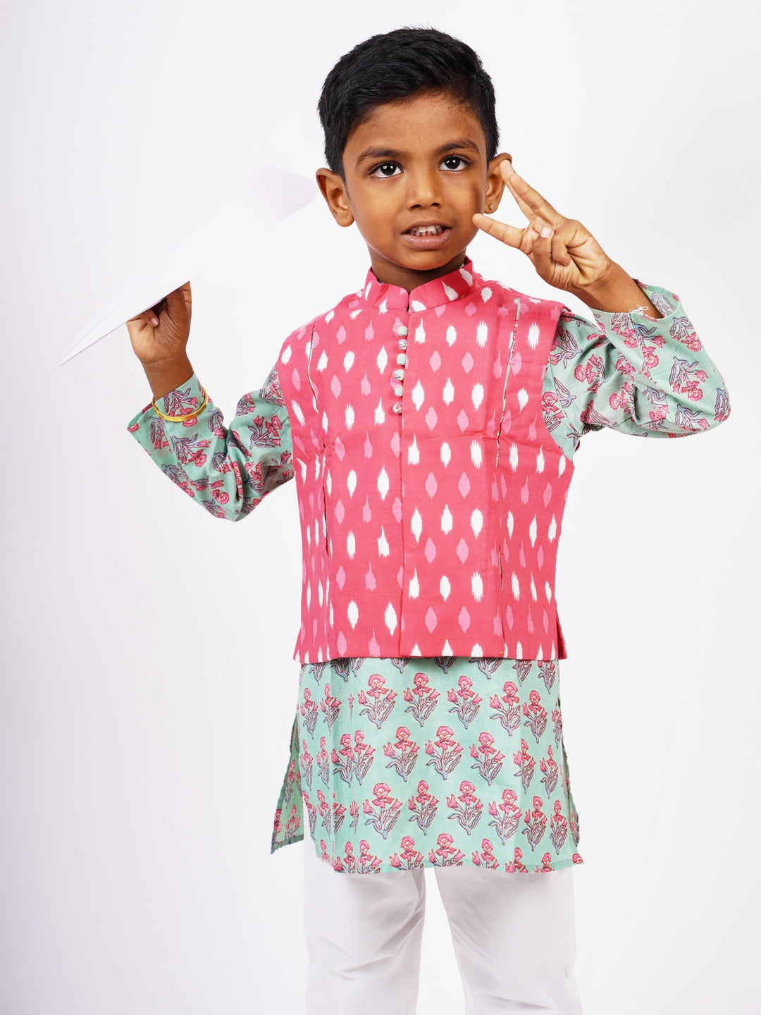 The Nesavu Boys Jacket Sets Handblock Floral Boys Kurta Bandi Set in Ikkat N Mugal Print Nesavu Shop Kurta Dresses For Boys | Party Wear Kurta Online | The Nesavu