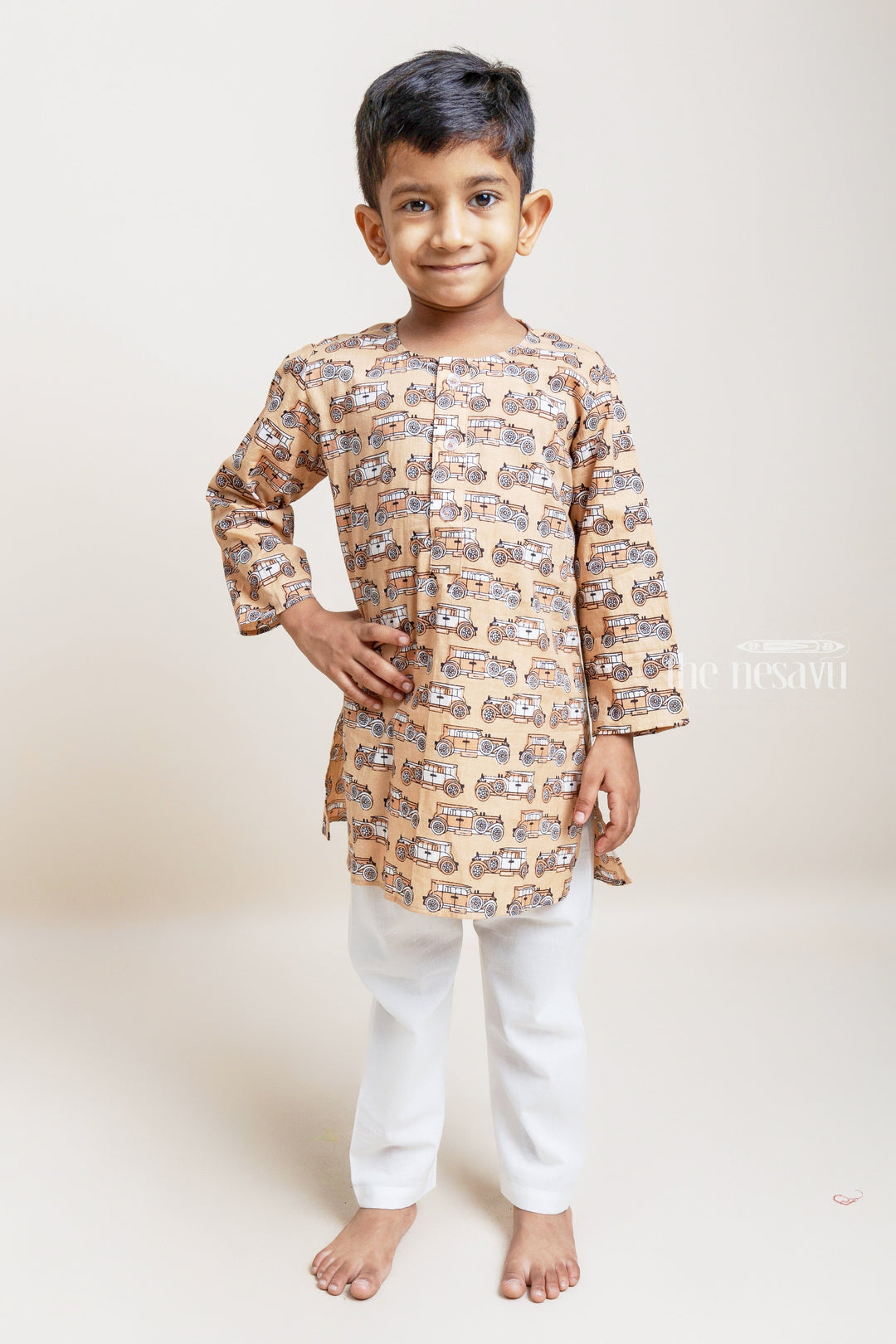 The Nesavu Boys Kurtha Set Handblock Printed Car Pattern Cotton Kurta With White Pyjama Pant For Boys Nesavu 16 (1Y) / Beige / Cotton BES278-16 Modern Kurta And Pyjama For Boys| Best Collection| The Nesavu