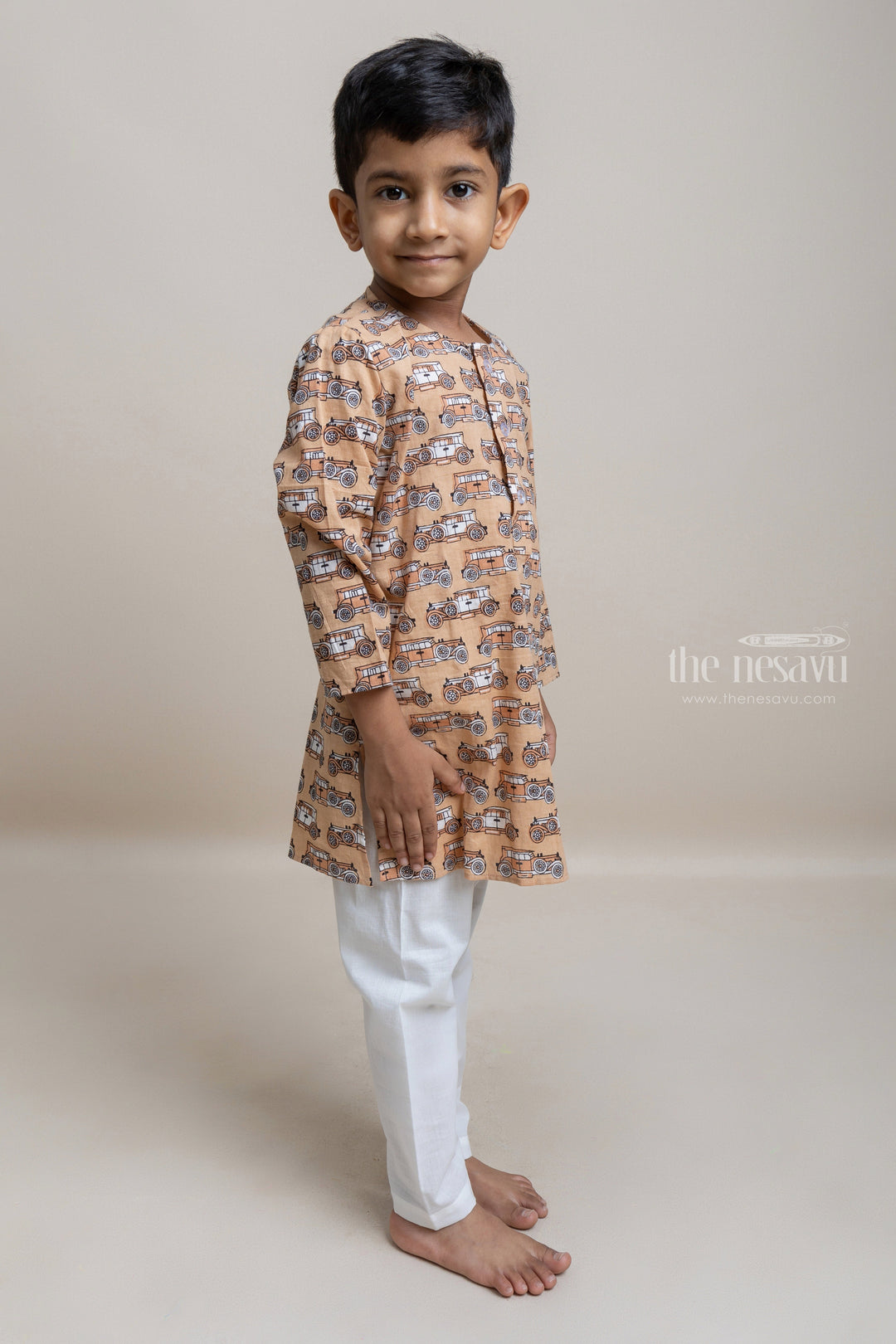 The Nesavu Boys Kurtha Set Handblock Printed Car Pattern Cotton Kurta With White Pyjama Pant For Boys Nesavu Modern Kurta And Pyjama For Boys| Best Collection| The Nesavu