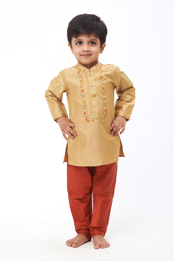 The Nesavu Boys Kurtha Set Harmony Hue: Boys Beige Kurta with Coral Embellishments and Rust Bottom Set Nesavu 14 (6M) / Beige / Blend Silk BES429A-14 Traditional Elegance | Latest Boys Kurta Pant Festive Collection | The Nesavu