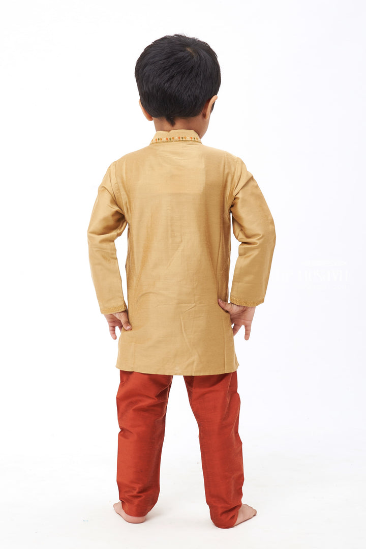 The Nesavu Boys Kurtha Set Harmony Hue: Boys Beige Kurta with Coral Embellishments and Rust Bottom Set Nesavu Traditional Elegance | Latest Boys Kurta Pant Festive Collection | The Nesavu