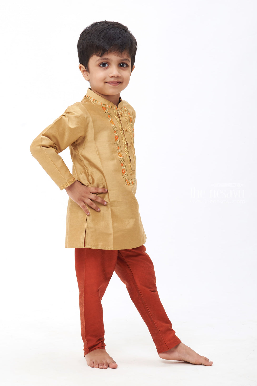 The Nesavu Boys Kurtha Set Harmony Hue: Boys Beige Kurta with Coral Embellishments and Rust Bottom Set Nesavu Traditional Elegance | Latest Boys Kurta Pant Festive Collection | The Nesavu