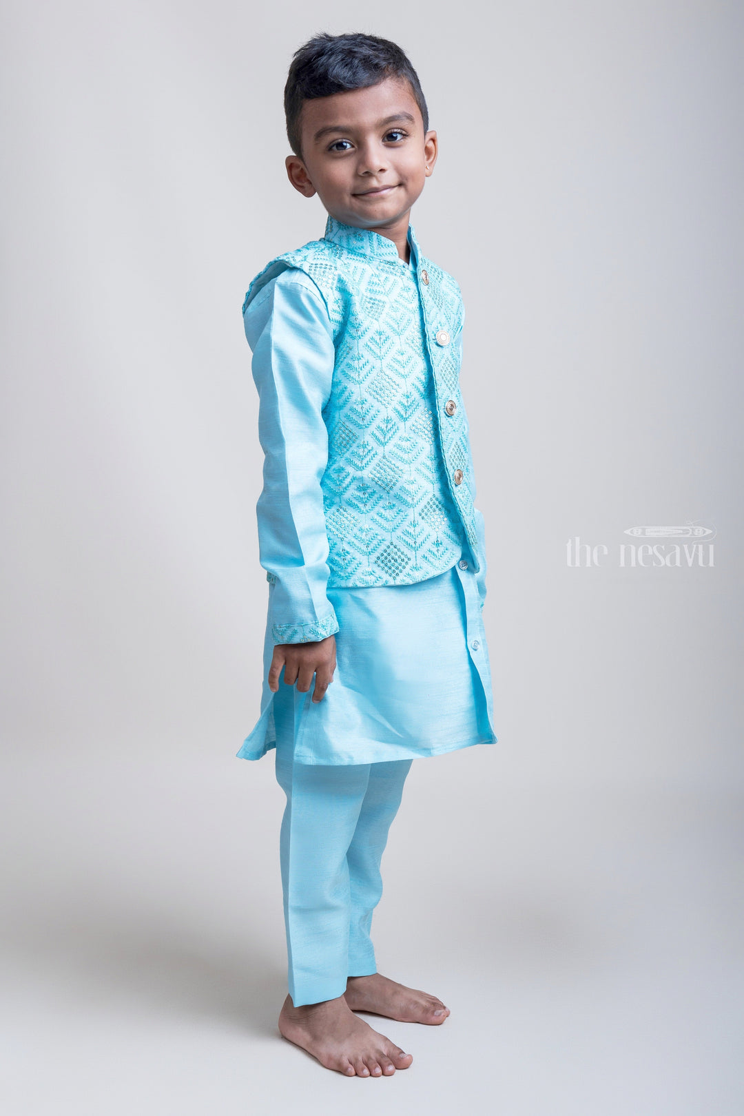 The Nesavu Boys Jacket Sets High-Profile Teal Blue Three Piece Kurta With Buttoned Overcoat For Little Boys Nesavu 22 (4Y) / Blue / Silk Blend BES256C-22 Festive Wear Three Piece Kurta Set For Boys| Hot Collection| The Nesavu