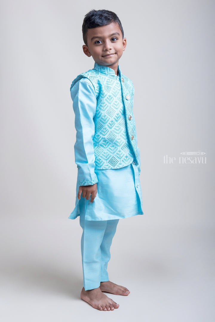 The Nesavu Boys Jacket Sets High-Profile Teal Blue Three Piece Kurta With Buttoned Overcoat For Little Boys Nesavu 22 (4Y) / Blue / Silk Blend BES256C-22 Festive Wear Three Piece Kurta Set For Boys| Hot Collection| The Nesavu