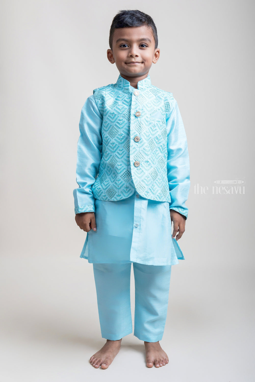 The Nesavu Boys Jacket Sets High-Profile Teal Blue Three Piece Kurta With Buttoned Overcoat For Little Boys Nesavu Festive Wear Three Piece Kurta Set For Boys| Hot Collection| The Nesavu