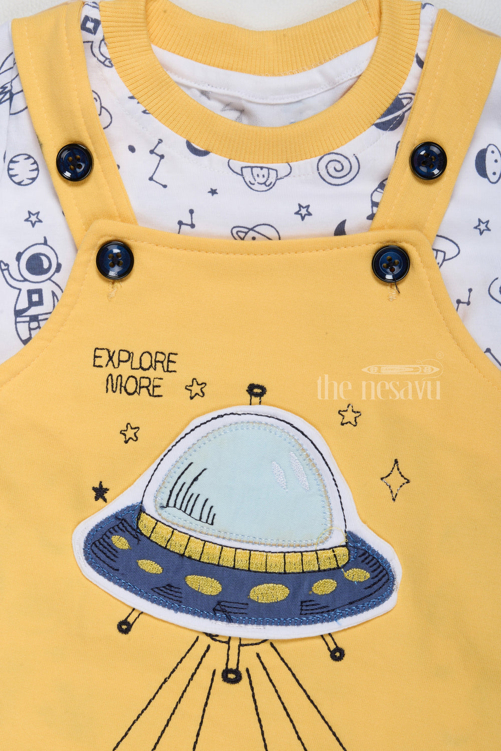 The Nesavu Baby Casual Sets Holi Dress for Newborn Yellow Space Theme Dungaree with Printed T-Shirt Nesavu Nesavu Holi Dress Newborn Yellow Space Theme Dungaree Printed T-Shirt