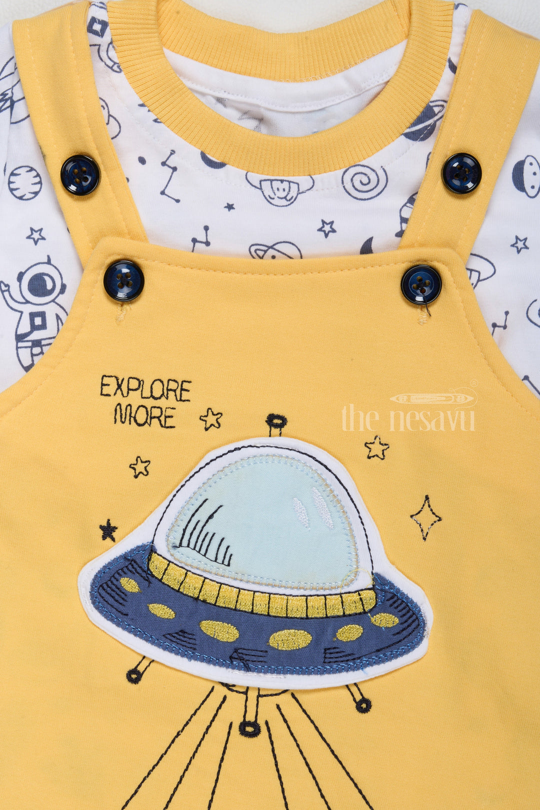 The Nesavu Baby Casual Sets Holi Dress for Newborn Yellow Space Theme Dungaree with Printed T-Shirt Nesavu Nesavu Holi Dress Newborn Yellow Space Theme Dungaree Printed T-Shirt