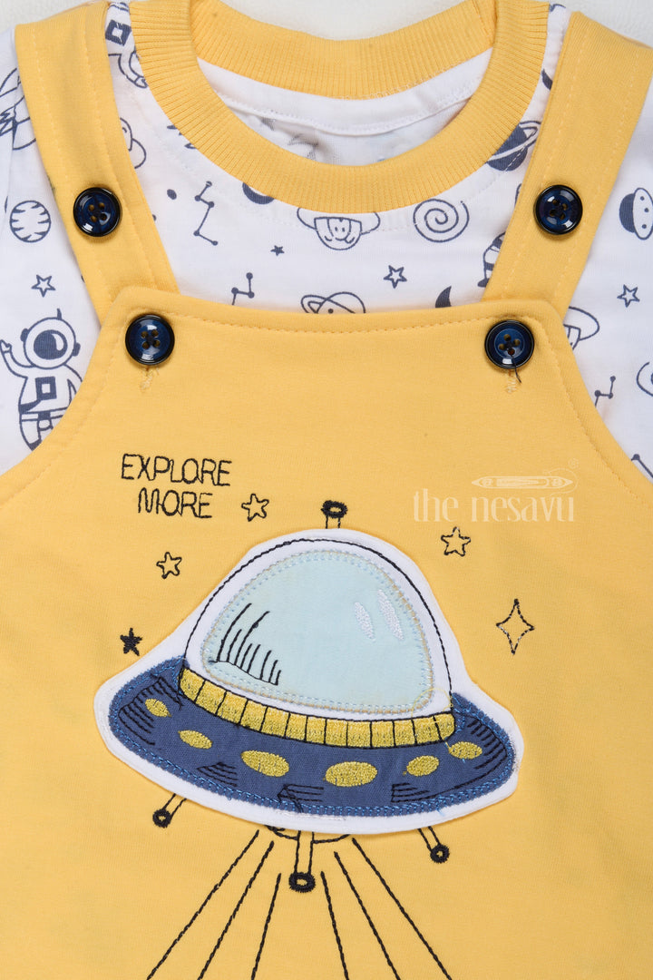 The Nesavu Baby Casual Sets Holi Dress for Newborn Yellow Space Theme Dungaree with Printed T-Shirt Nesavu Nesavu Holi Dress Newborn Yellow Space Theme Dungaree Printed T-Shirt