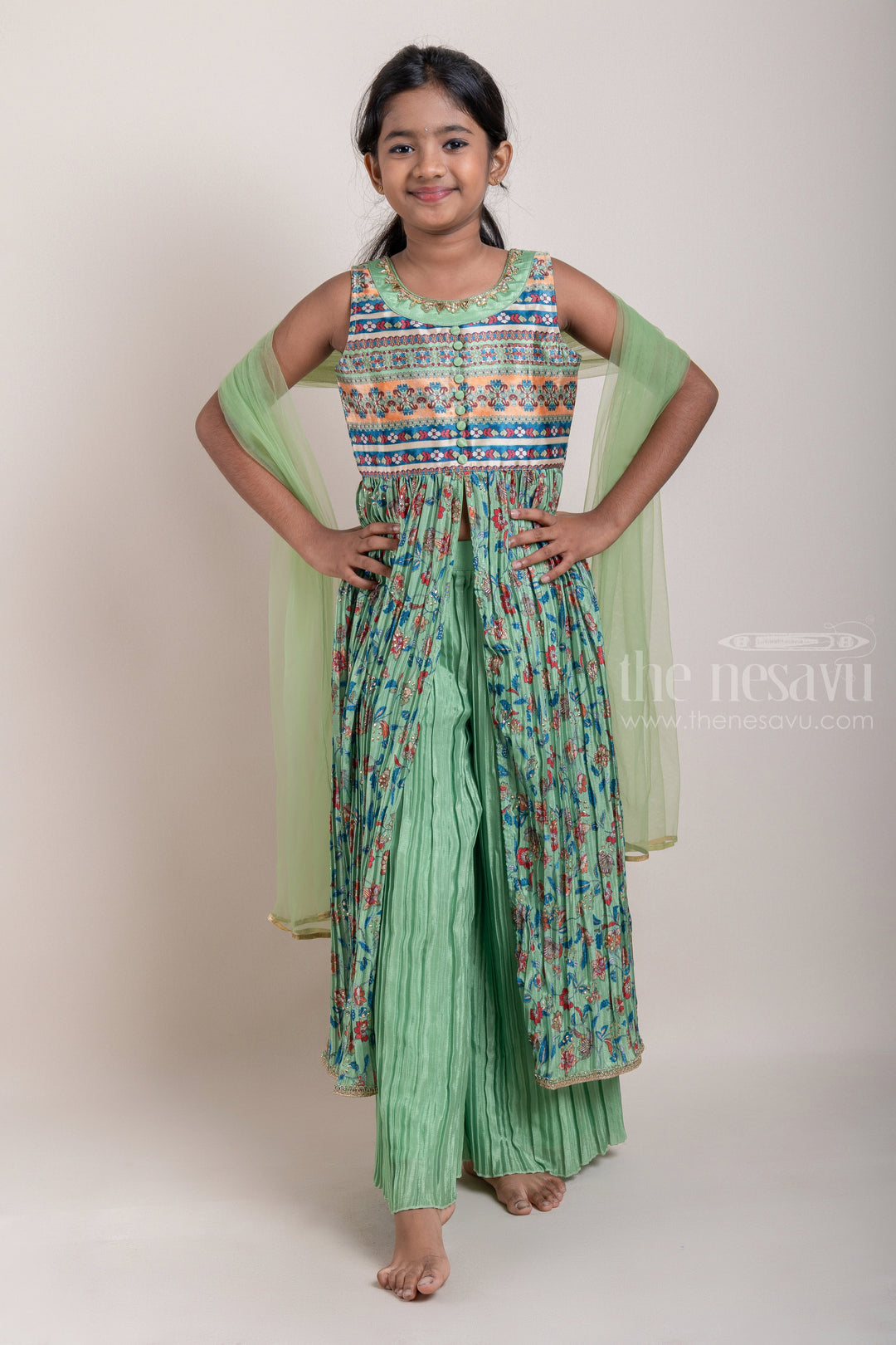 The Nesavu Girls Sharara / Plazo Set Ikat and Floral Printed Green Pleated Georgette Kurti and Pleated Green Palazzo Pant for Girls Nesavu 14 (6M) / Green / Chinnon Chiffon GPS140B-14 Ikat and Floral Printed Green Pleated Georgette Kurti and Palazzo Suit for Girls | Designer Ethnic Wear | The Nesavu