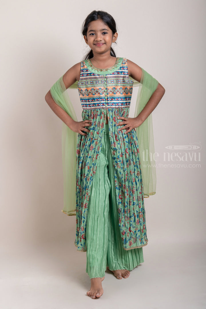 The Nesavu Girls Sharara / Plazo Set Ikat and Floral Printed Green Pleated Georgette Kurti and Pleated Green Palazzo Pant for Girls Nesavu 14 (6M) / Green / Chinnon Chiffon GPS140B-14 Ikat and Floral Printed Green Pleated Georgette Kurti and Palazzo Suit for Girls | Designer Ethnic Wear | The Nesavu