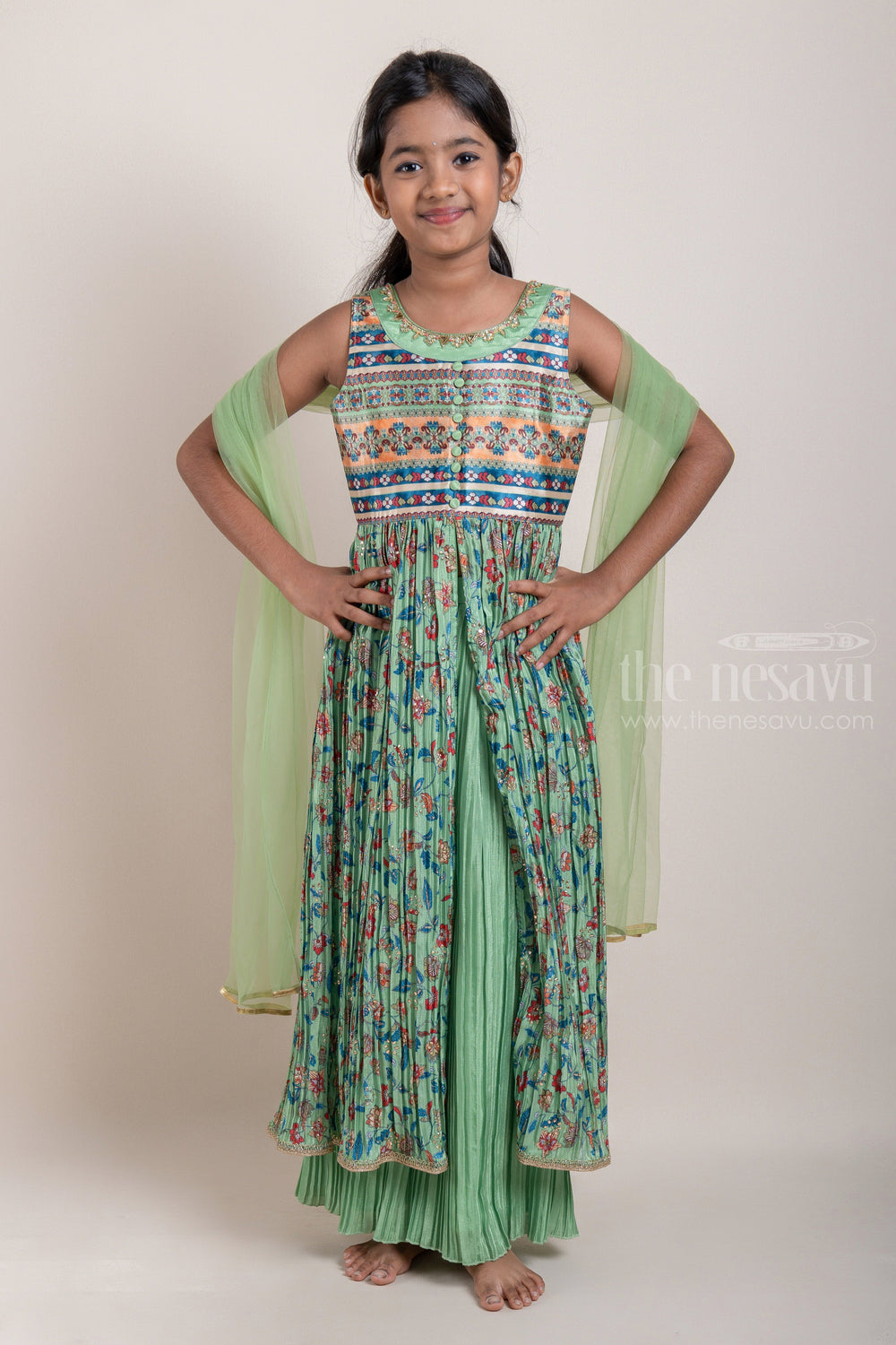 The Nesavu Girls Sharara / Plazo Set Ikat and Floral Printed Green Pleated Georgette Kurti and Pleated Green Palazzo Pant for Girls Nesavu Ikat and Floral Printed Green Pleated Georgette Kurti and Palazzo Suit for Girls | Designer Ethnic Wear | The Nesavu